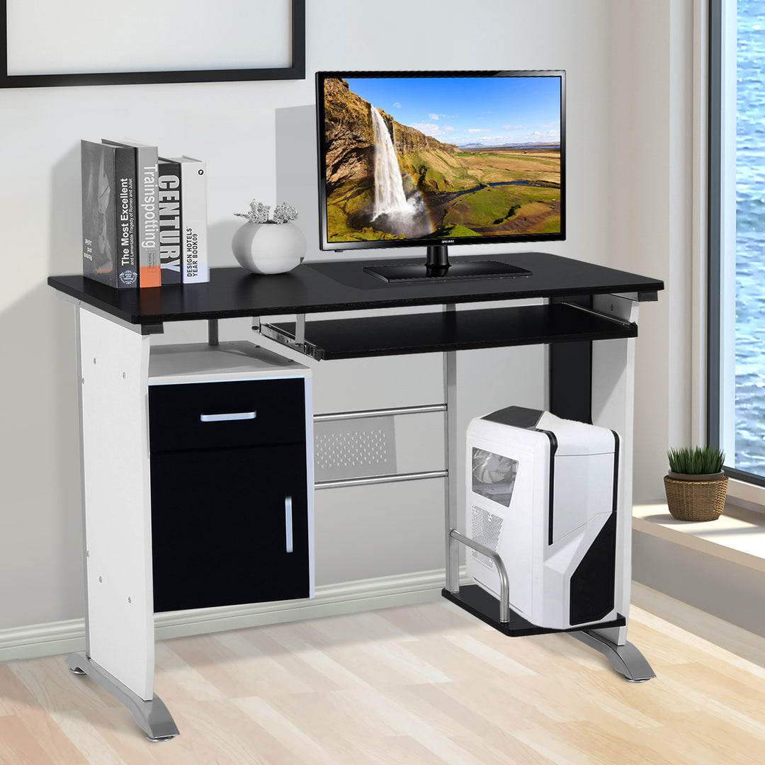 Computer Desk w/ Cupboard and CPU Stand - White and Black