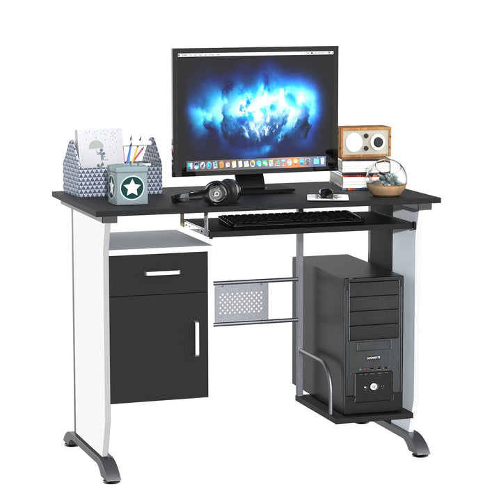Computer Desk w/ Cupboard and CPU Stand - White and Black