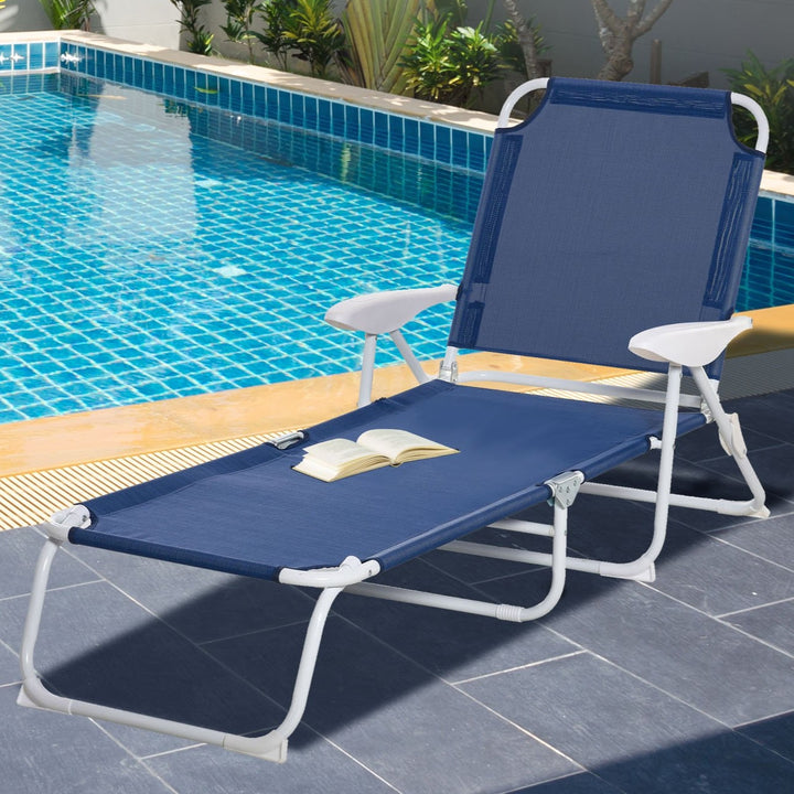 4 Position Folding Chaise Reclining Sun Lounger w Arm Rest, Tanning Beach Patio Pool Deck, Blue