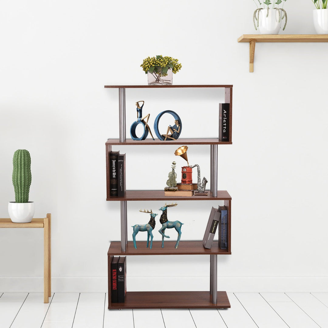 Modern 4-Tier S-Shaped Bookcase - Brown