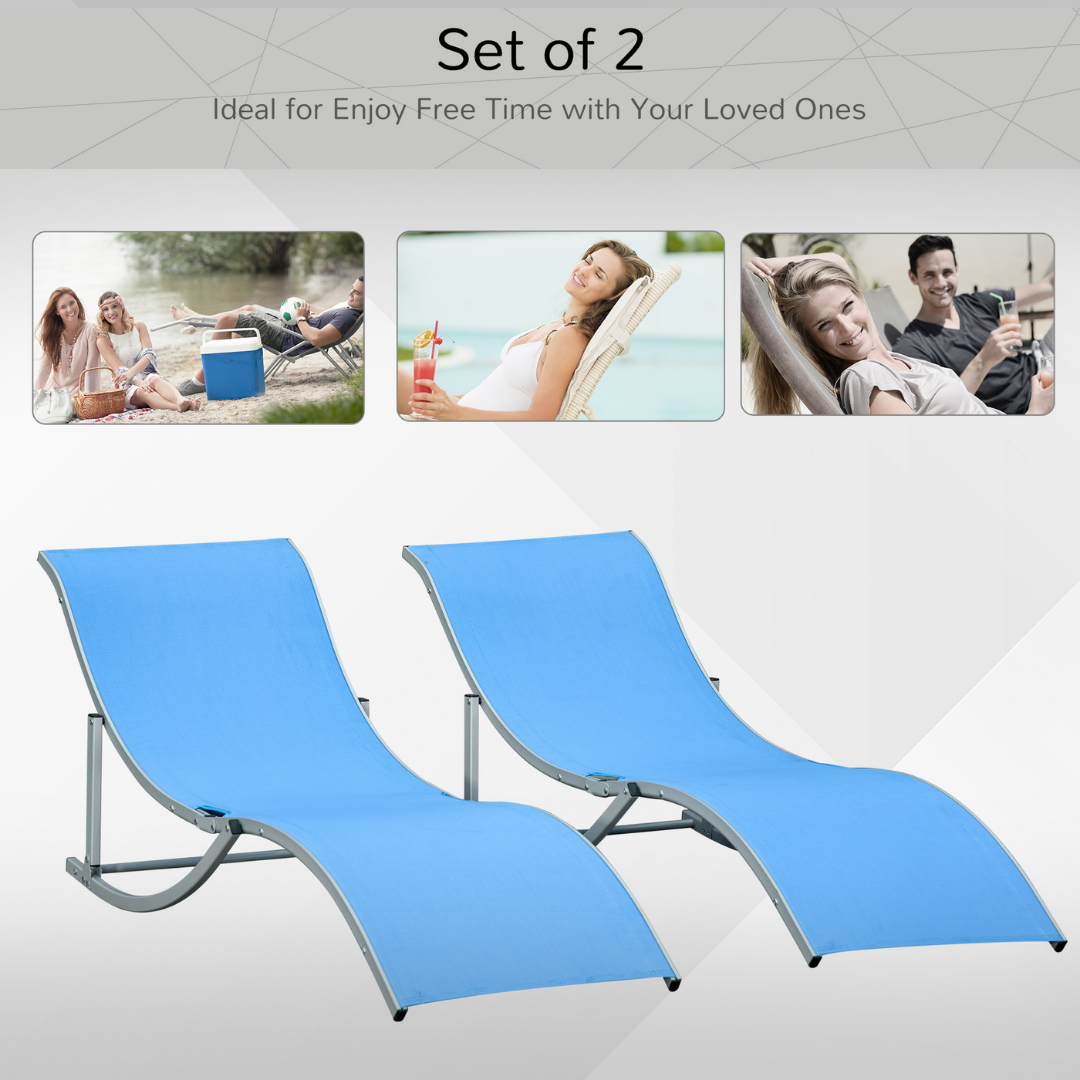 2pc S-Shaped Aluminum Foldable Sun Lounger Chair, Patio Tanning Beach Pool Deck Garden, Blue
