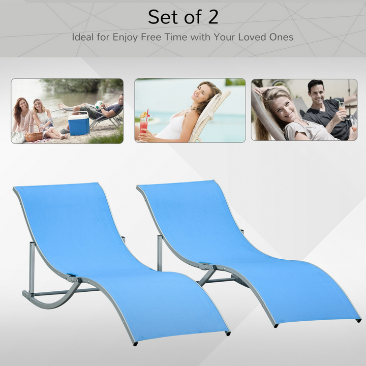 2pc S-Shaped Aluminum Foldable Sun Lounger Chair, Patio Tanning Beach Pool Deck Garden, Blue