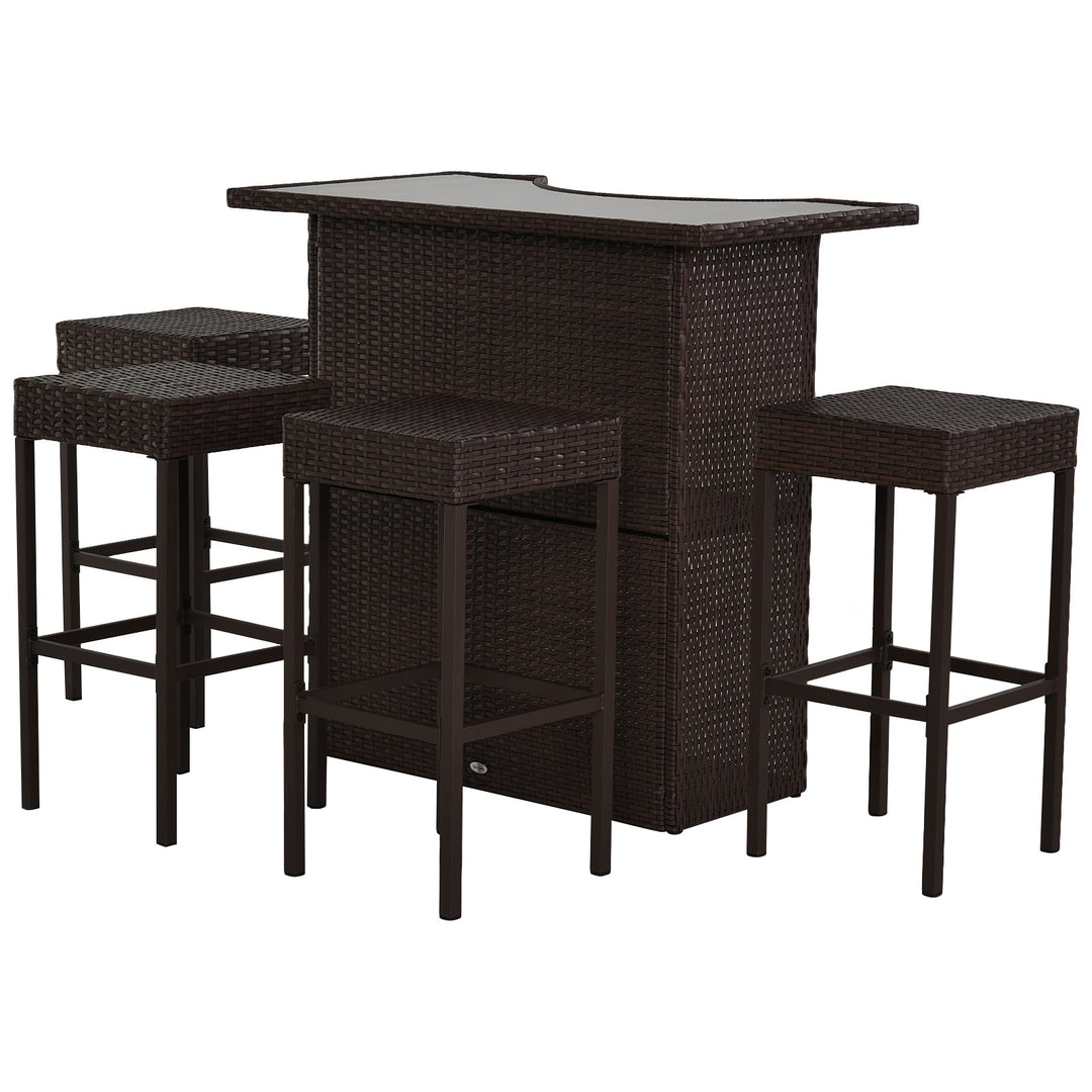 5pc PE Rattan Wicker Barstool Dining Chair & Table Set for Outdoor Pool Patio Deck, Dark Brown
