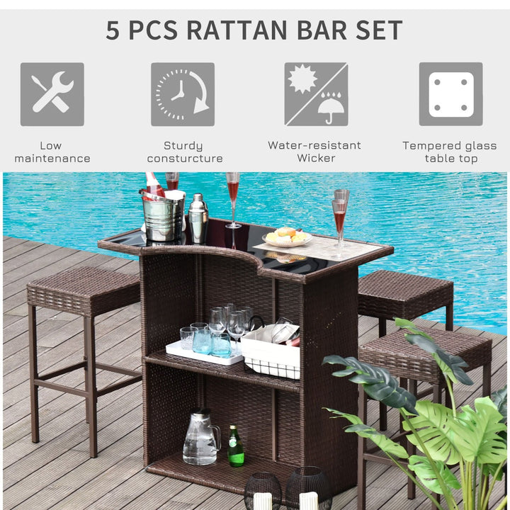 5pc PE Rattan Wicker Barstool Dining Chair & Table Set for Outdoor Pool Patio Deck, Dark Brown