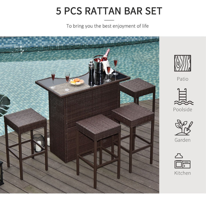 5pc PE Rattan Wicker Barstool Dining Chair & Table Set for Outdoor Pool Patio Deck, Dark Brown