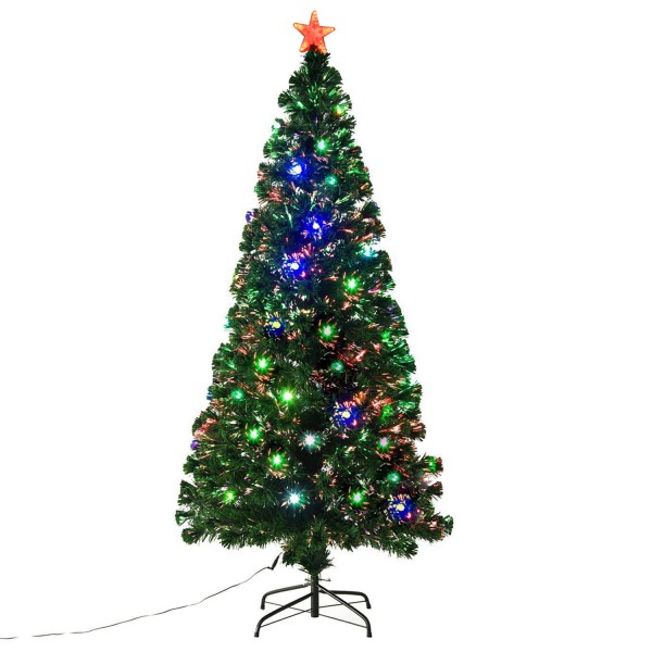 6ft Artificial Christmas Winter Holiday Tree w/ Fiber Optic LEDs, Star, Metal Base - Green