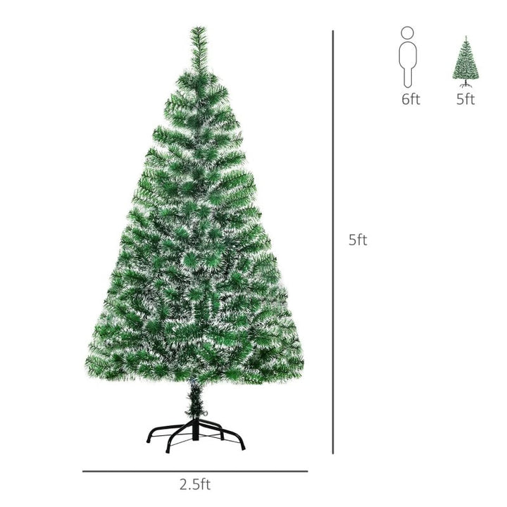 5ft Artificial Pine Christmas Holiday Tree w/ Snow Accents and Metal Base Xmas Decor - Green