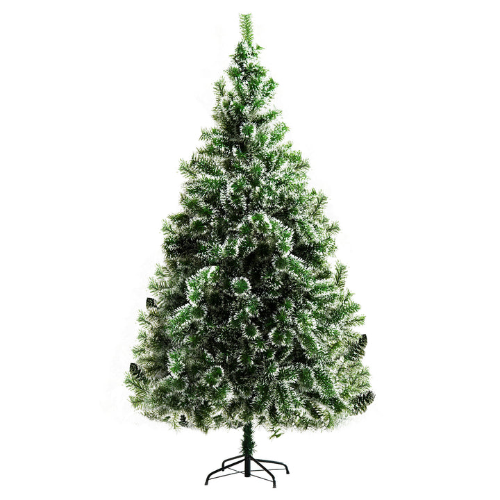 7ft 968-Tip Artificial Pine Christmas Holiday Tree w Snow Accent, Metal Base Xmas Decor - Green