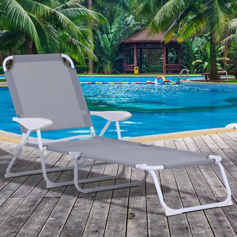 4 Position Folding Chaise Reclining Sun Lounger w Arm Rest, Tanning Beach Patio Pool Deck, Grey