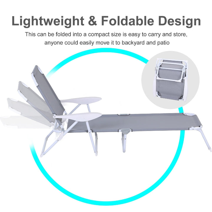4 Position Folding Chaise Reclining Sun Lounger w Arm Rest, Tanning Beach Patio Pool Deck, Grey