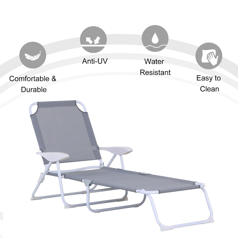 4 Position Folding Chaise Reclining Sun Lounger w Arm Rest, Tanning Beach Patio Pool Deck, Grey