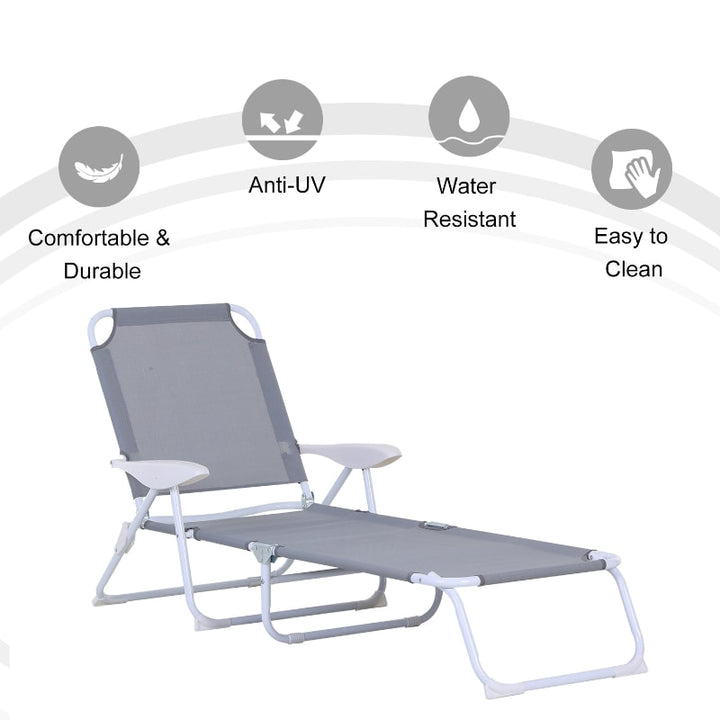 4 Position Folding Chaise Reclining Sun Lounger w Arm Rest, Tanning Beach Patio Pool Deck, Grey