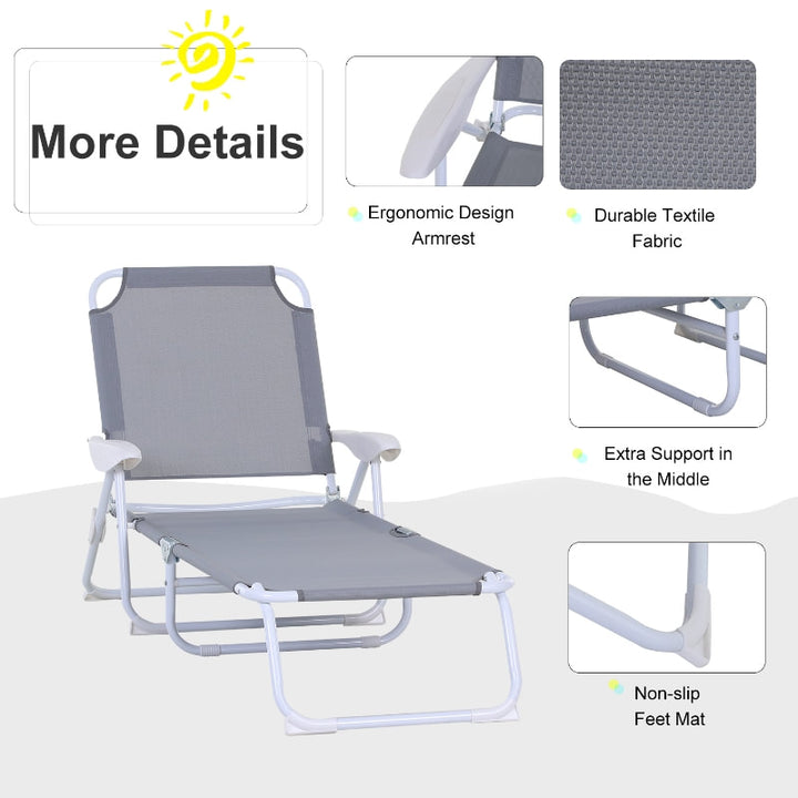 4 Position Folding Chaise Reclining Sun Lounger w Arm Rest, Tanning Beach Patio Pool Deck, Grey