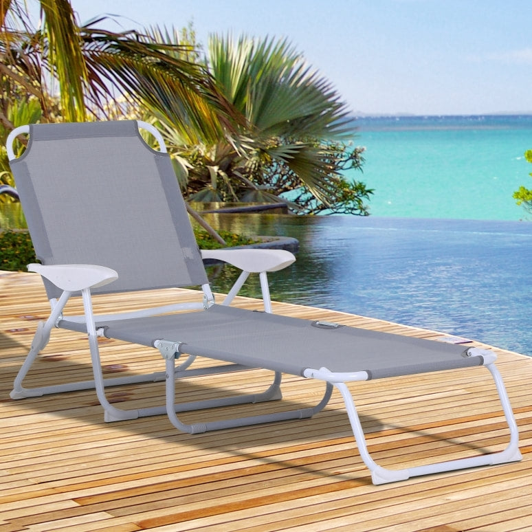 4 Position Folding Chaise Reclining Sun Lounger w Arm Rest, Tanning Beach Patio Pool Deck, Grey