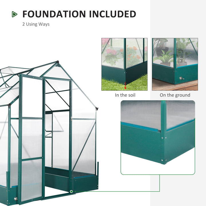 8' x 6' x 6.6' Walk-in Aluminum PC Hard Sided Outdoor Greenhouse Temperature Window, Foundation