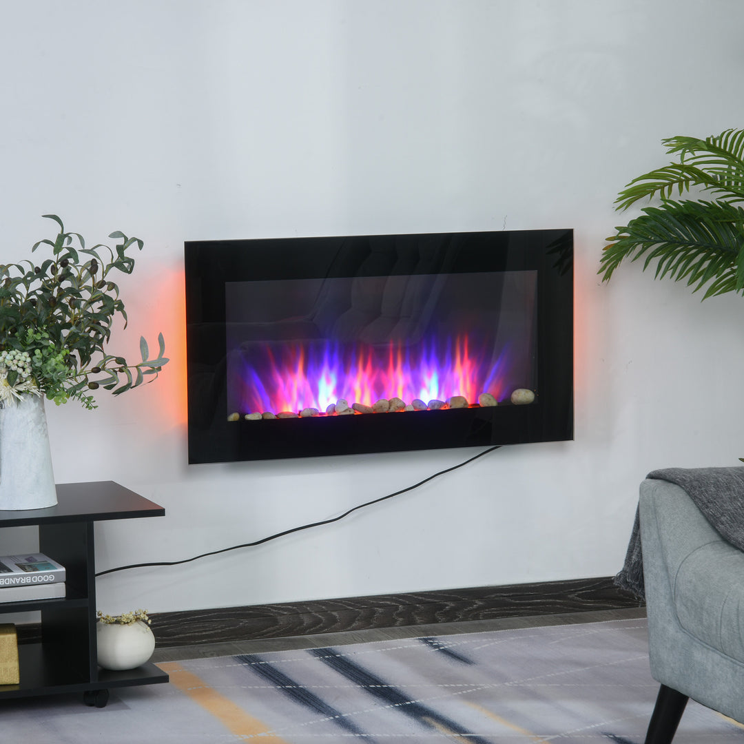 36” Wall-Mounted Electric Fireplace Heater w/ 7 Colours, Side Lights, Remote - Black