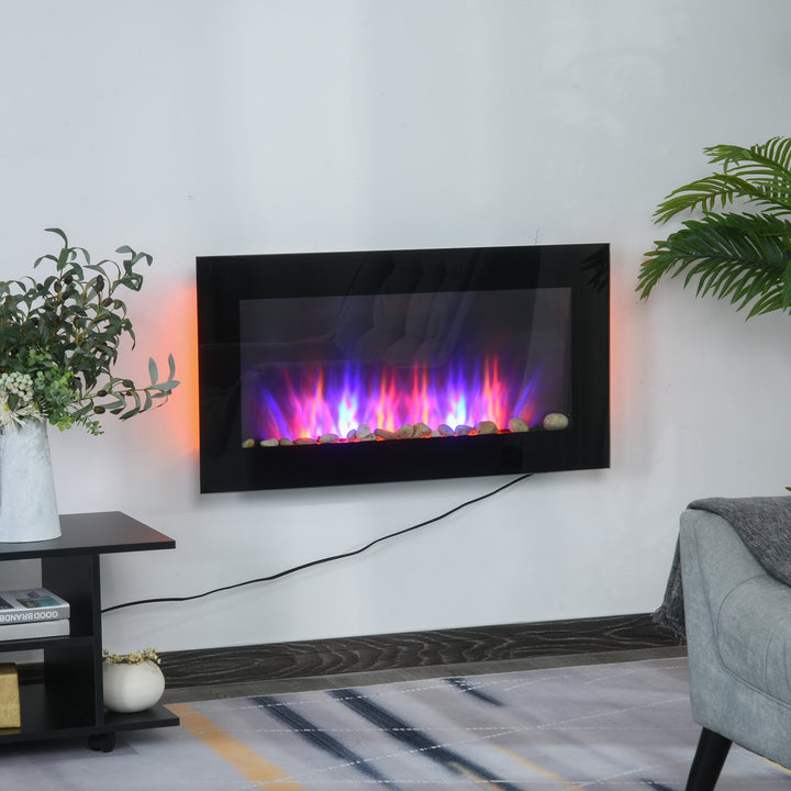 36” Wall-Mounted Electric Fireplace Heater w/ 7 Colours, Side Lights, Remote - Black