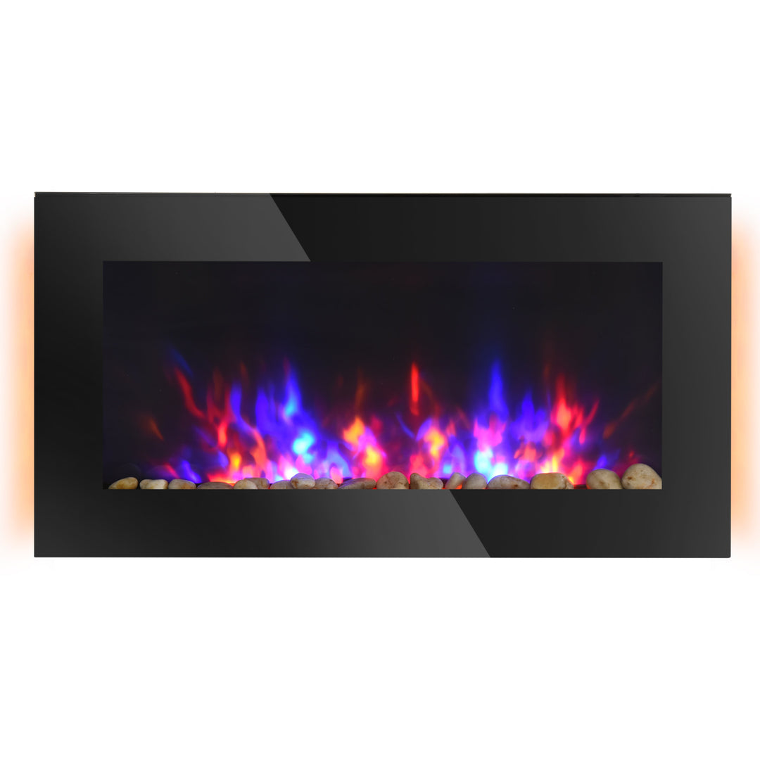 36” Wall-Mounted Electric Fireplace Heater w/ 7 Colours, Side Lights, Remote - Black