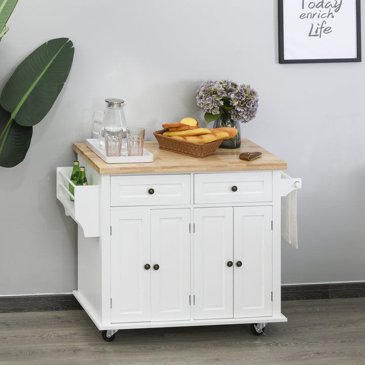 Rolling Farmhouse Kitchen Island Cart Storage Cabinet Sideboard, Drawers, Solid Wood Top, White