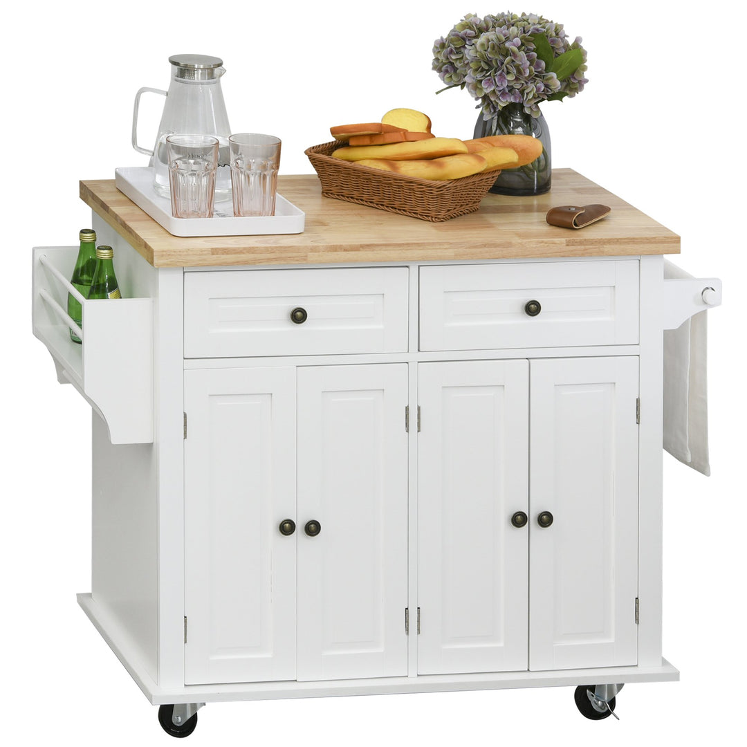 Rolling Farmhouse Kitchen Island Cart Storage Cabinet Sideboard, Drawers, Solid Wood Top, White