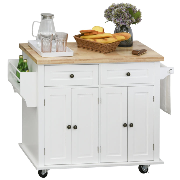 Rolling Farmhouse Kitchen Island Cart Storage Cabinet Sideboard, Drawers, Solid Wood Top, White