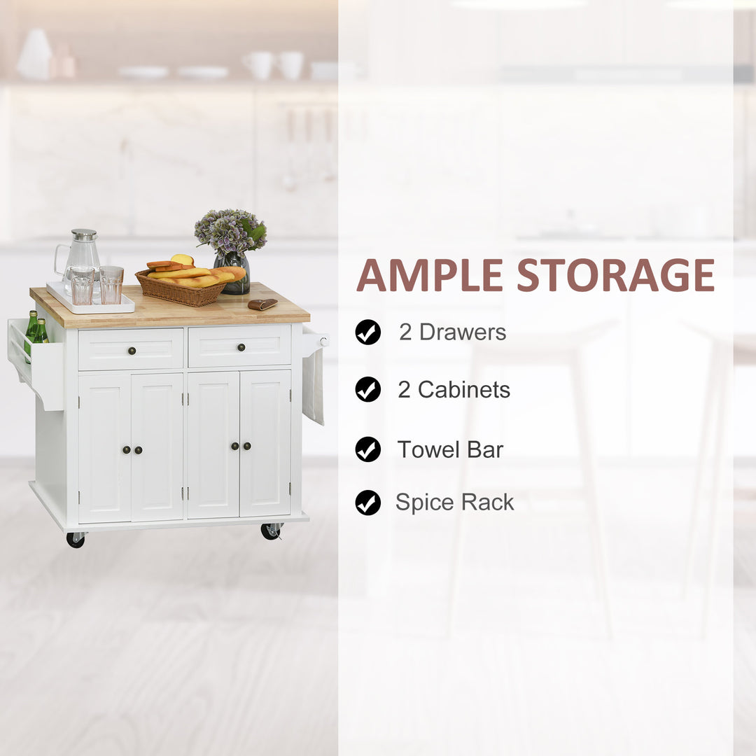 Rolling Farmhouse Kitchen Island Cart Storage Cabinet Sideboard, Drawers, Solid Wood Top, White