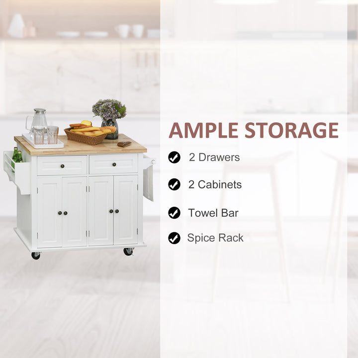 Rolling Farmhouse Kitchen Island Cart Storage Cabinet Sideboard, Drawers, Solid Wood Top, White