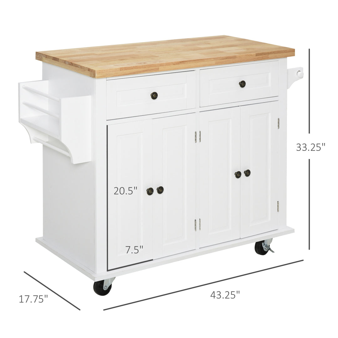 Rolling Farmhouse Kitchen Island Cart Storage Cabinet Sideboard, Drawers, Solid Wood Top, White