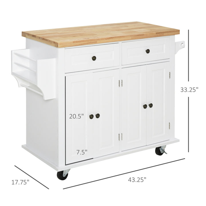 Rolling Farmhouse Kitchen Island Cart Storage Cabinet Sideboard, Drawers, Solid Wood Top, White