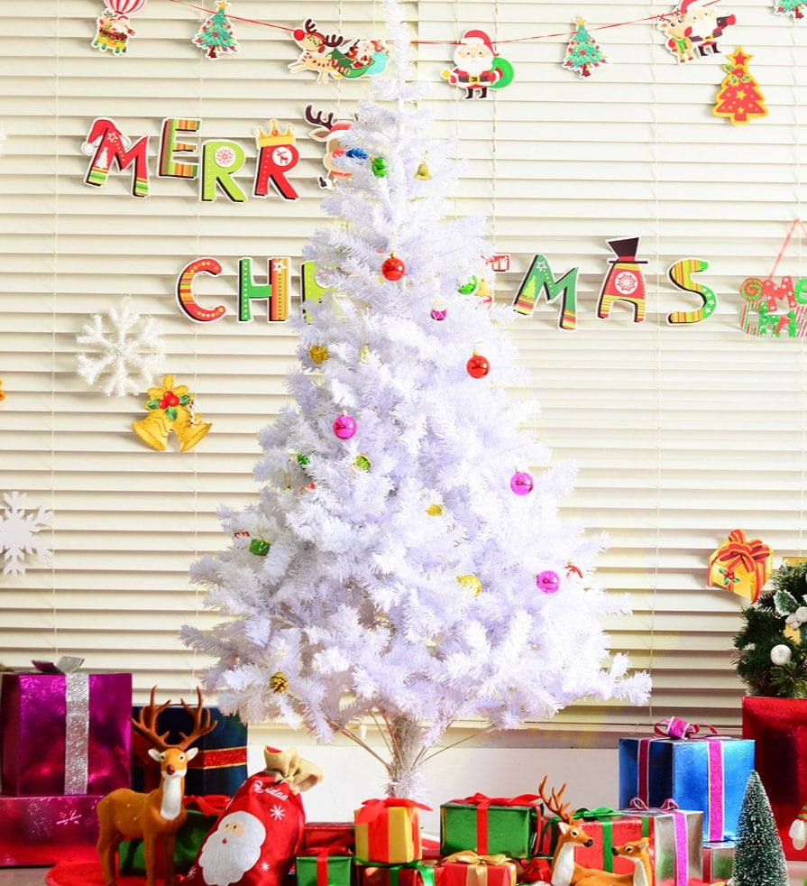 6ft 930 Tip Lush Artificial Spruce Christmas Tree Decor w/ Ornaments & Metal Base - White