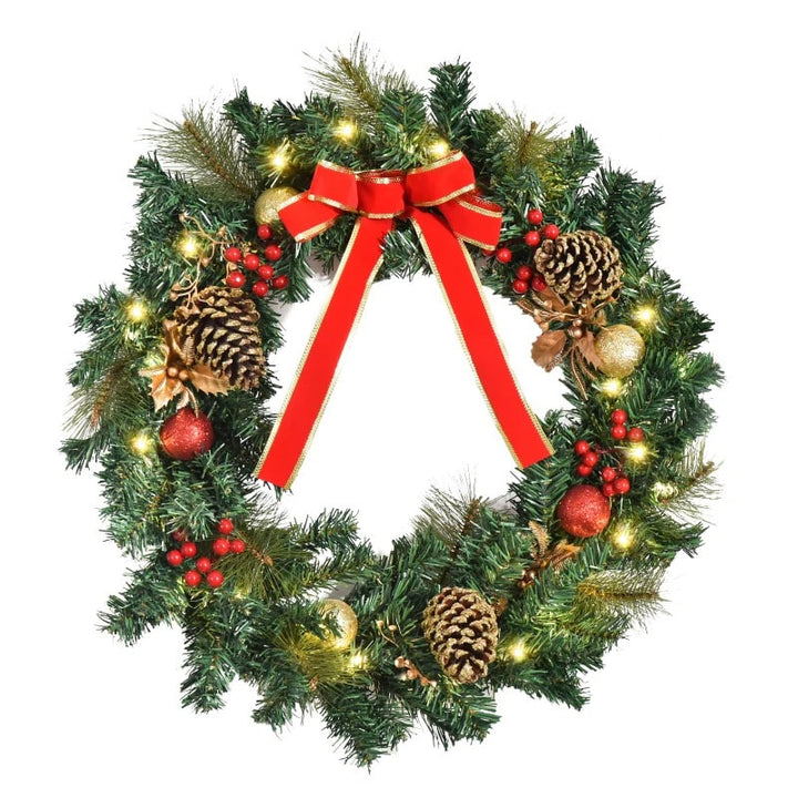 24” Pre-lit Artificial Christmas Holiday Wreath w LED Lights, Berries, Pine Cones, Xmas Green
