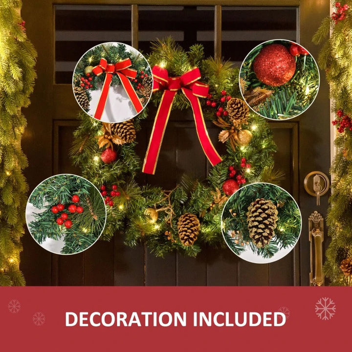 24” Pre-lit Artificial Christmas Holiday Wreath w LED Lights, Berries, Pine Cones, Xmas Green