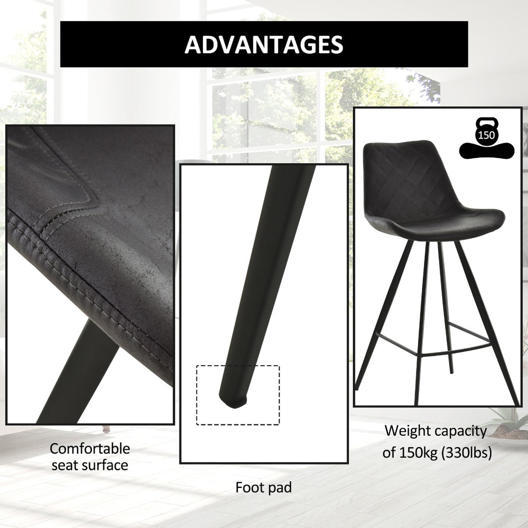 Set of 2 Modern Faux Leather Bar Counter High Stool Dining Chairs w/ Steel Metal Legs, Black