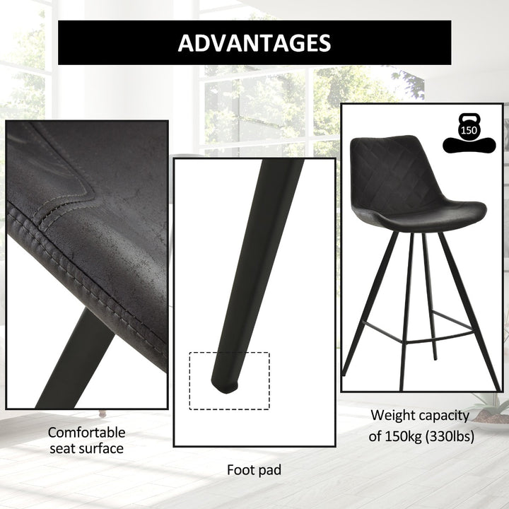 Set of 2 Modern Faux Leather Bar Counter High Stool Dining Chairs w/ Steel Metal Legs, Black