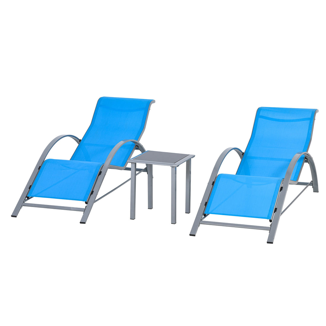 3pc Reclined Chaise Sun Lounger Chair w Side Table, Patio Tanning Beach Pool Deck Garden, Blue
