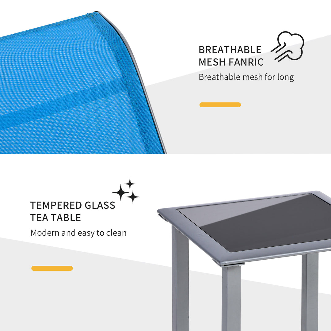 3pc Reclined Chaise Sun Lounger Chair w Side Table, Patio Tanning Beach Pool Deck Garden, Blue