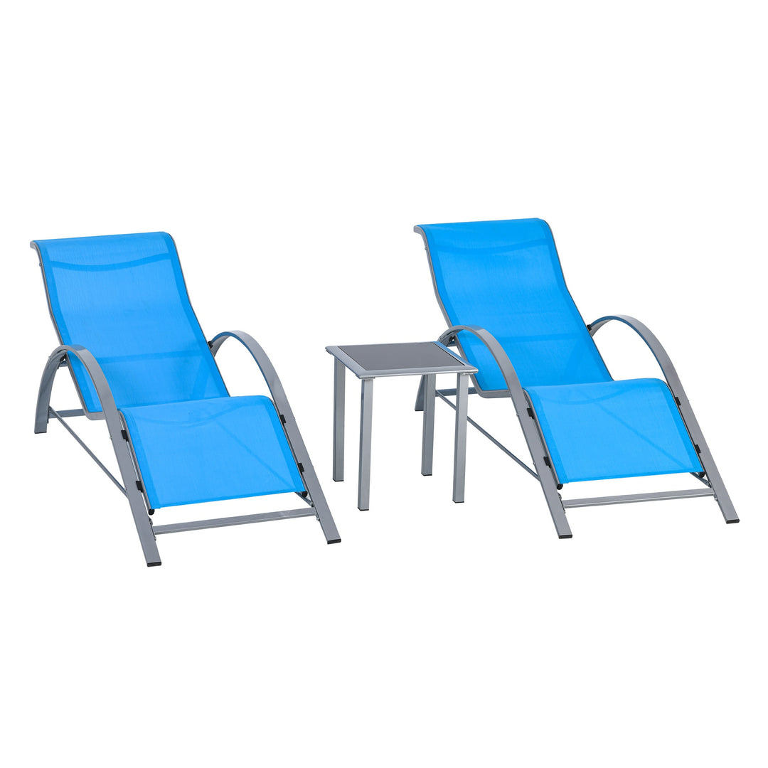 3pc Reclined Chaise Sun Lounger Chair w Side Table, Patio Tanning Beach Pool Deck Garden, Blue