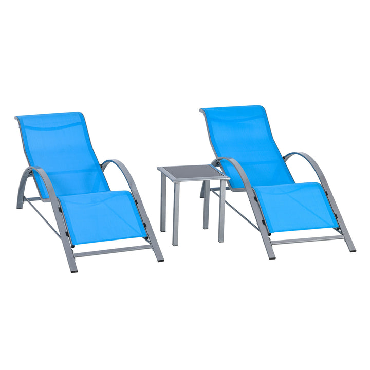 3pc Reclined Chaise Sun Lounger Chair w Side Table, Patio Tanning Beach Pool Deck Garden, Blue