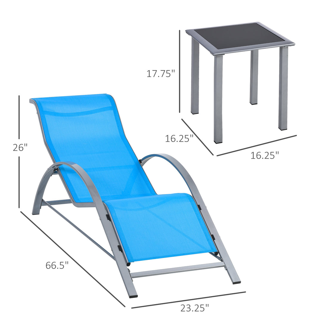 3pc Reclined Chaise Sun Lounger Chair w Side Table, Patio Tanning Beach Pool Deck Garden, Blue