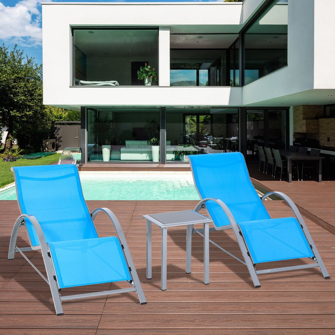 3pc Reclined Chaise Sun Lounger Chair w Side Table, Patio Tanning Beach Pool Deck Garden, Blue