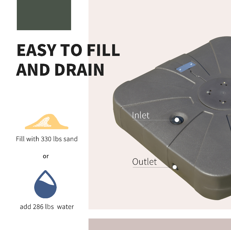 35", 286-330lbs Heavy Duty Square Cantilever Umbrella Base Stand Fillable w Sand, Water - Brown