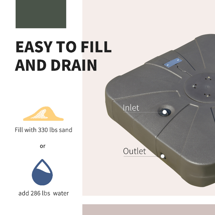 35", 286-330lbs Heavy Duty Square Cantilever Umbrella Base Stand Fillable w Sand, Water - Brown