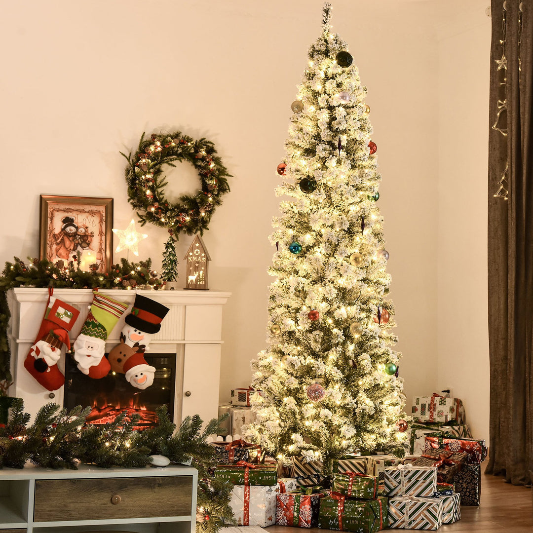 7.5ft 641-Tip Realistic Artificial Pre-lit Slim Pencil Christmas Holiday Tree Flocked - Green