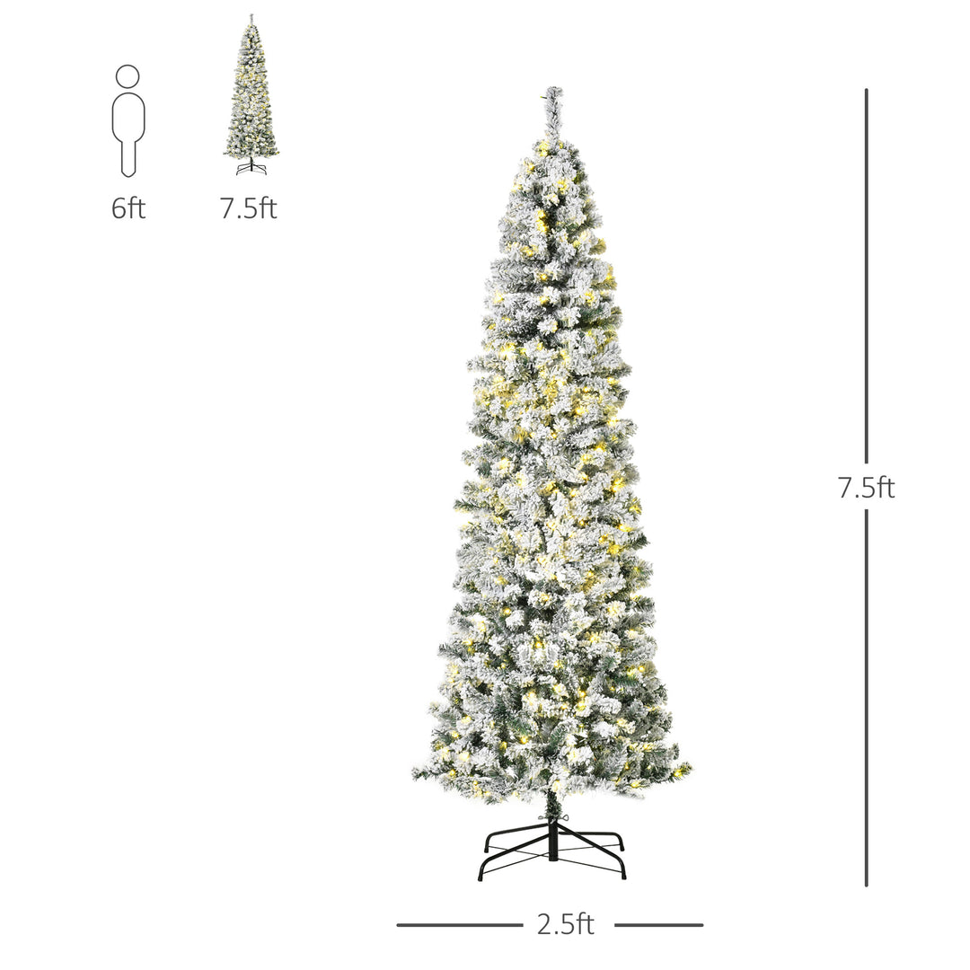 7.5ft 641-Tip Realistic Artificial Pre-lit Slim Pencil Christmas Holiday Tree Flocked - Green