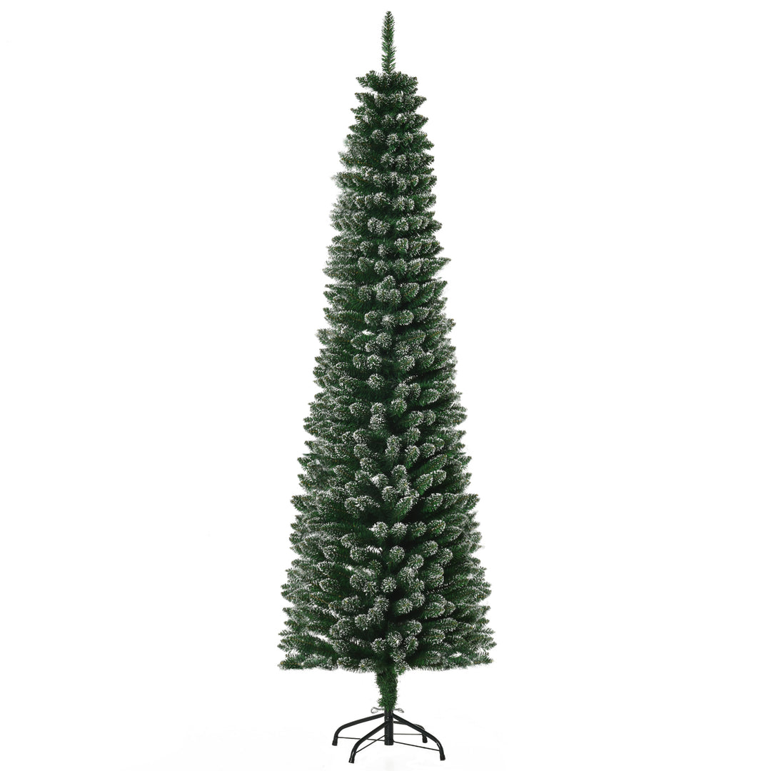 6ft 570-Tip Artificial Slim Pencil Christmas Holiday Xmas Tree w/ Snowy Tips, Base - Green