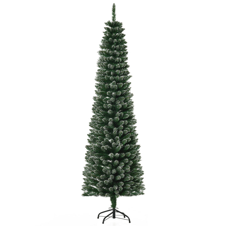 6ft 570-Tip Artificial Slim Pencil Christmas Holiday Xmas Tree w/ Snowy Tips, Base - Green