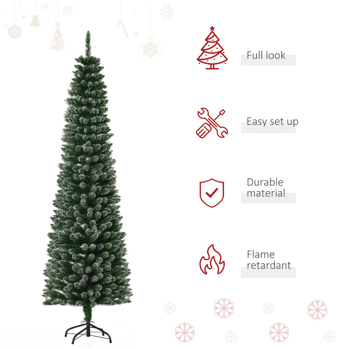 6ft 570-Tip Artificial Slim Pencil Christmas Holiday Xmas Tree w/ Snowy Tips, Base - Green