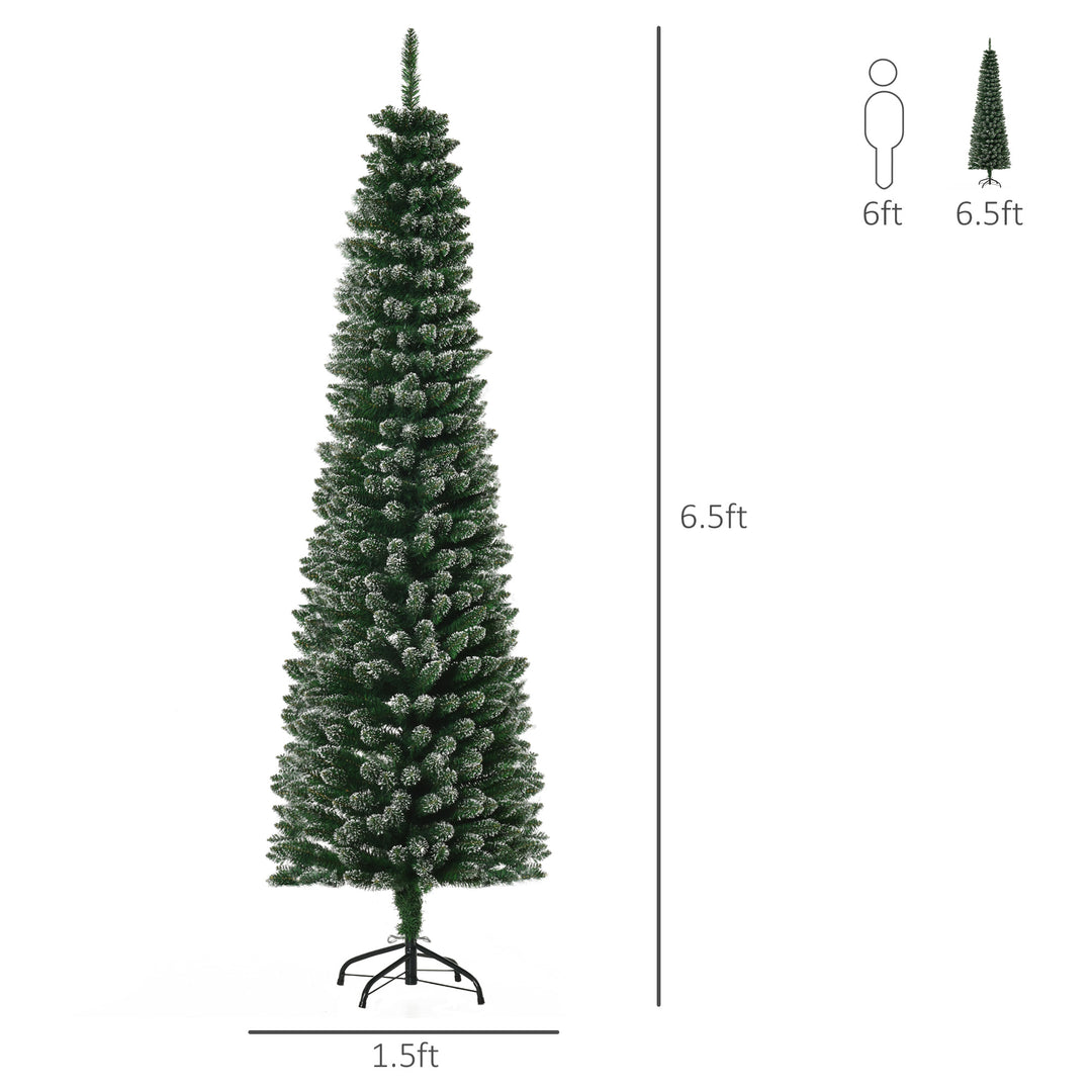 6ft 570-Tip Artificial Slim Pencil Christmas Holiday Xmas Tree w/ Snowy Tips, Base - Green