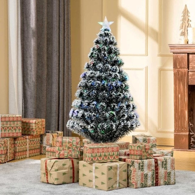 4ft Snow Flocked Pre-Lit LED & Fibre Optic Artificial Christmas Holiday Tree w Base Xmas, Green