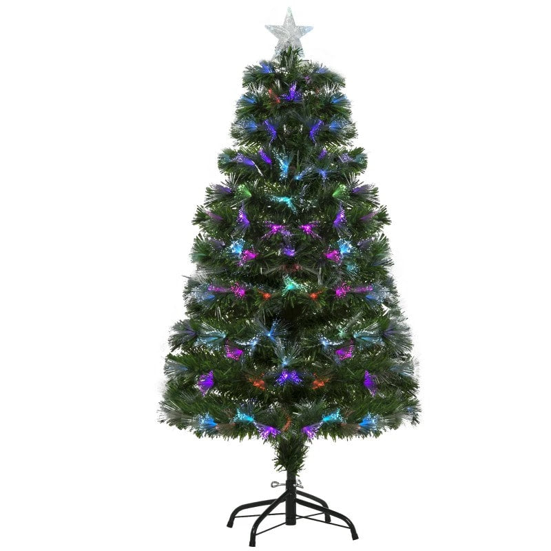4ft Pre-Lit Multi Colour LED & Fibre Optic Artificial Christmas Holiday Tree w Base Xmas, Green